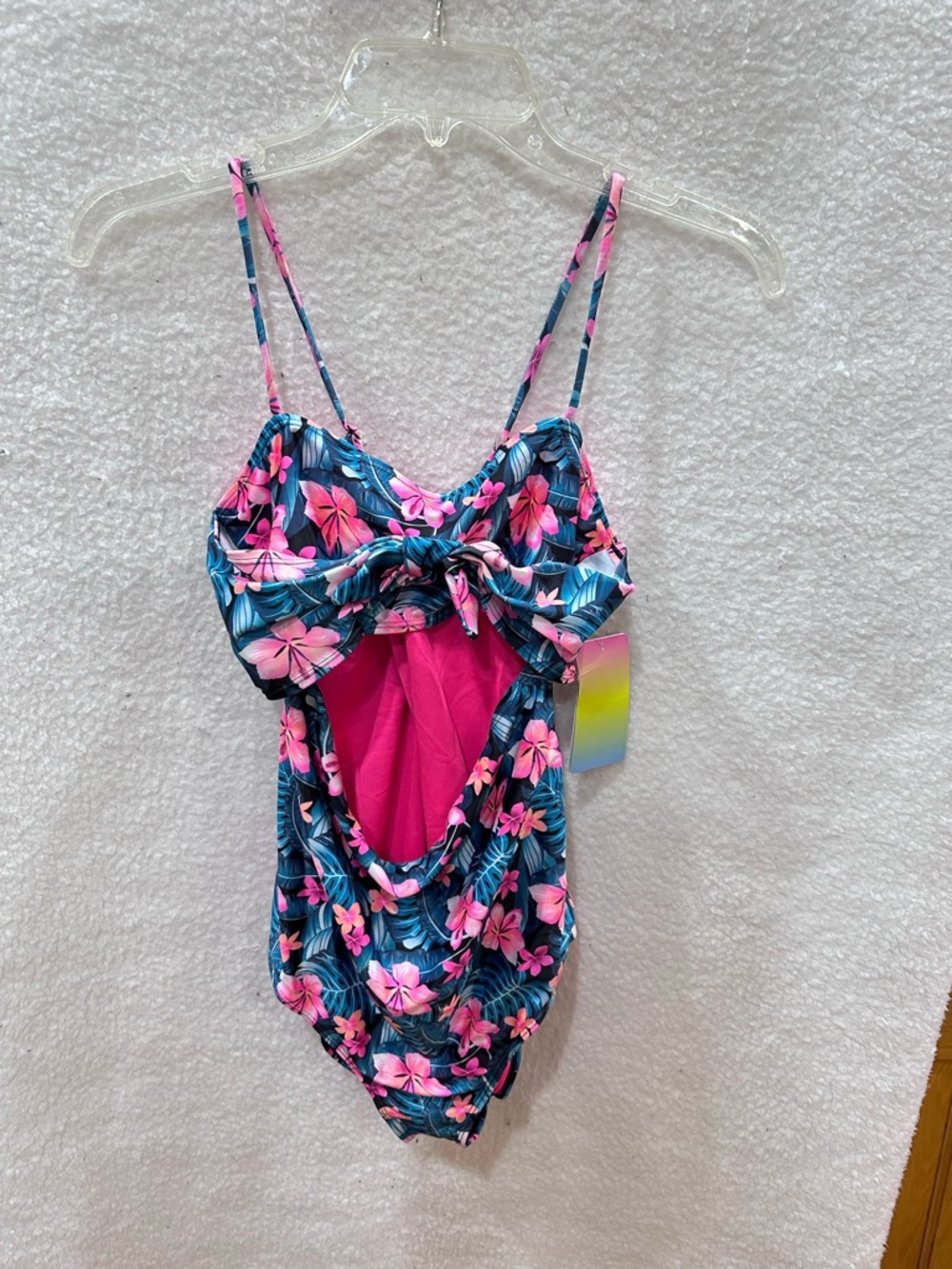 Hurley Girls Floral Pink & Blue One-Piece Swimsuit with Bow Detail
